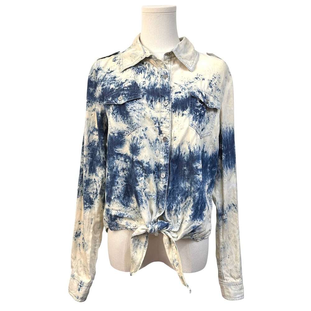 Cello Denim Bleach Wash Tie Front Chambray Shirt Medium Boho-Western, Festival